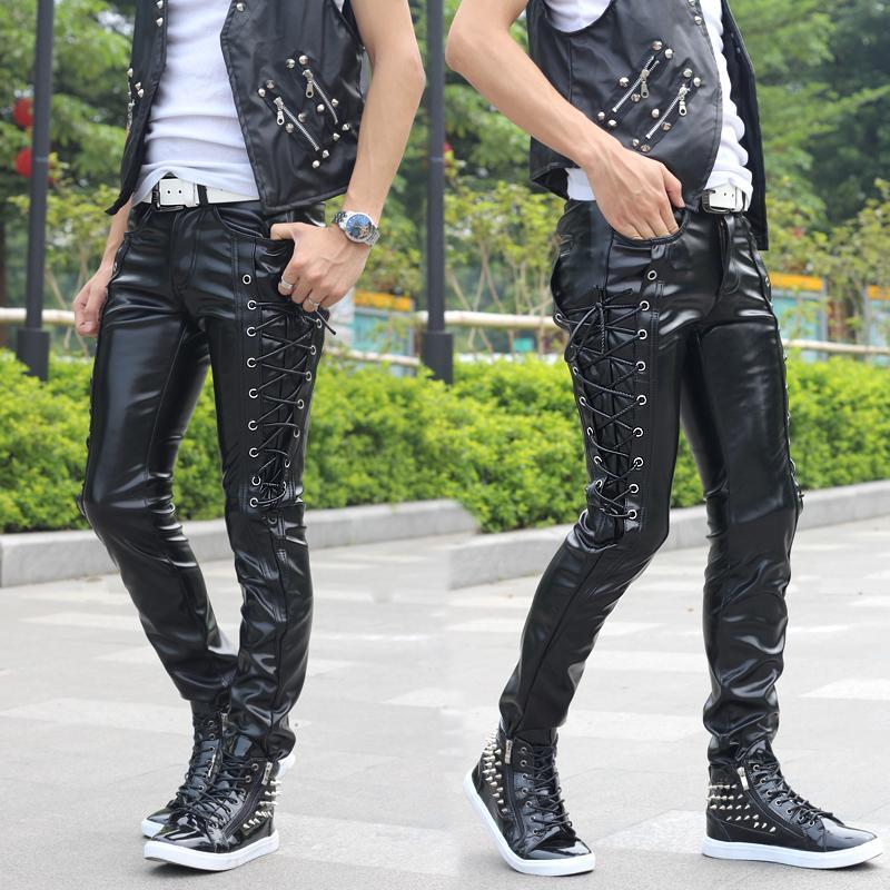 Mens Punk Zipper Motorcycle Leather Pants Skinny Slim Lace Mens Punk Zipper Motorcycle Leather Pants Skinny Slim Lace