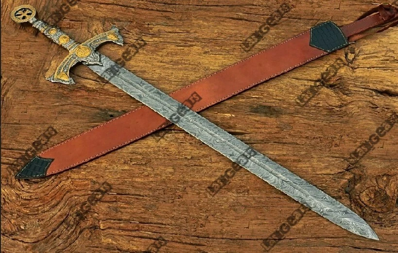 Fully Custom Handmade Damascus Steel Viking Medieval Sword WIth Leather Cover - Image 2 of 4