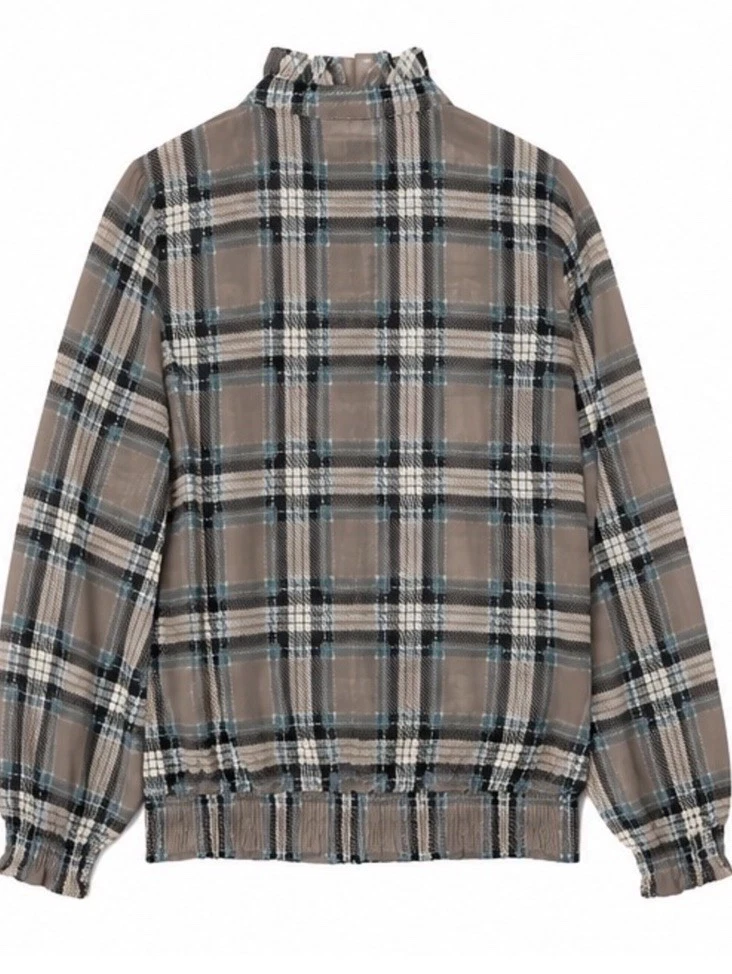 VERO MODA Women’s M Sheer Plaid Ruffle Blouse Smocked Hem Long Sleeve Top