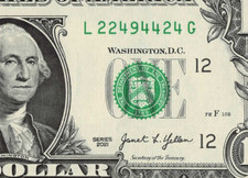 trinary 2s 4s 9s fancy serial number 2021 $1 1 dollar bill LG block L22494424G