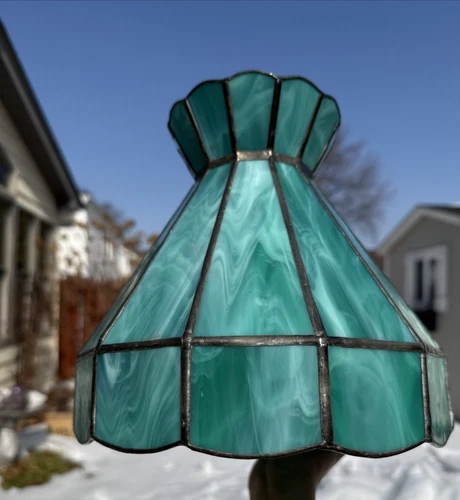 Vintage Turquoise Tiffany lamp shade stained glass slag glass 9.5” X 9.5”