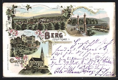 Lithographie Berg / Stuttgart, Villa Berg, König Karl-Brücke, Kirche und Totala 