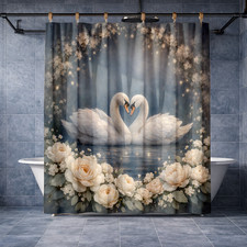 Romantic White Swans Orange Beaks Pearl Bed Shower Curtain Floral Design