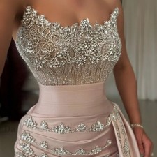 Prom Dresses For Women Strapless Rhinestones Trumpet Slit Chapel Train Side
