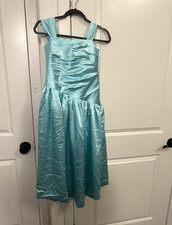 Women  s Blue Satin Fit  Flare Knee Length Square Neck Ruched Dress M