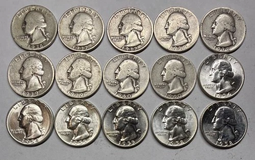 Lot of 15 Washington 90% Silver Quarters 1936-1958, Key dates & UNC Coins