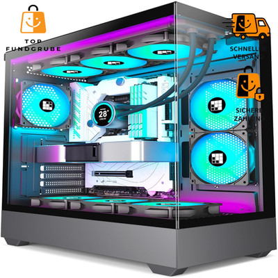 PC Gehäuse ATX Mid-Tower Schwarz Tempered Glass 6 PWM ARGB Lüfter Gaming