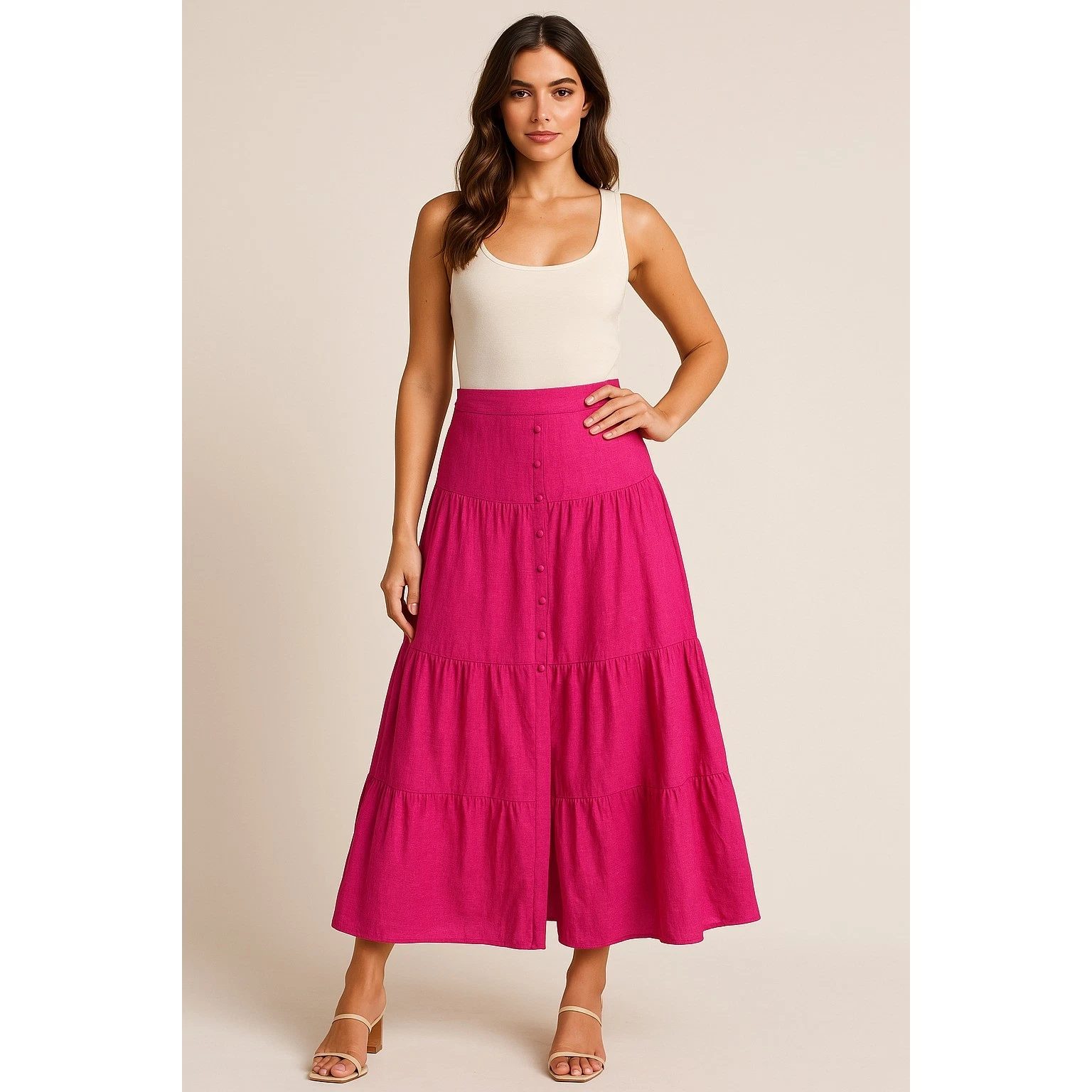 Japna Linen Skirt Womens M Hot Pink Button Tiered Midi Skirt Coquette Lagenlook