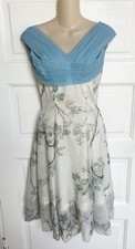 Vintage 1950s Ivory Organza Sleeveless Party Dress Floral Leaves Birds XS/S