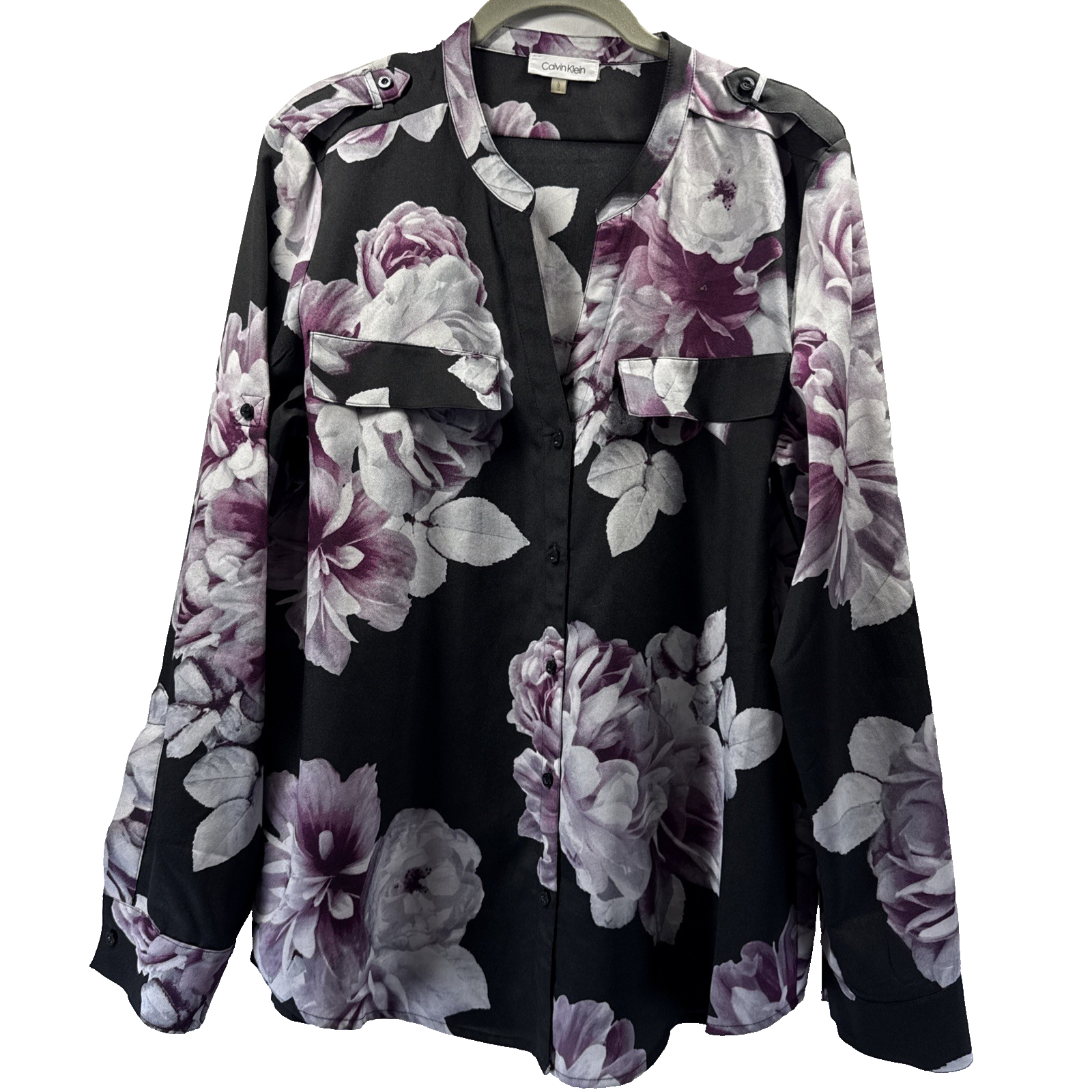 Calvin Klein Womens Long Sleeve Floral Blouse Top in Purple Black L
