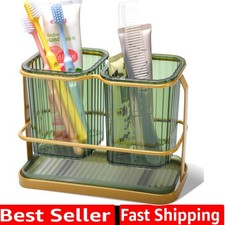 Green Toothbrush Holders for Bathrooms, 2 Cups Toothbrush Holders Wall Mounte...