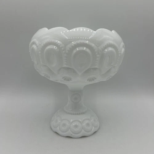 Vintage LE Smith Moon and Stars Milk GLASS 7" Open Curled Candy Compote