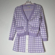 Maje Mystyle Checkered Cardigan & Skirt Set Purple White Top Sz 1 Skirt Sz 38