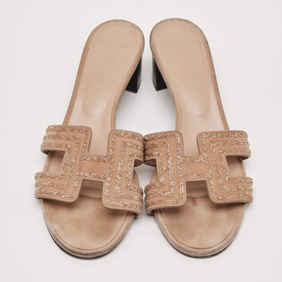 Hermes Oasis Size 39 Orange Suede Crystal Embellished Slide