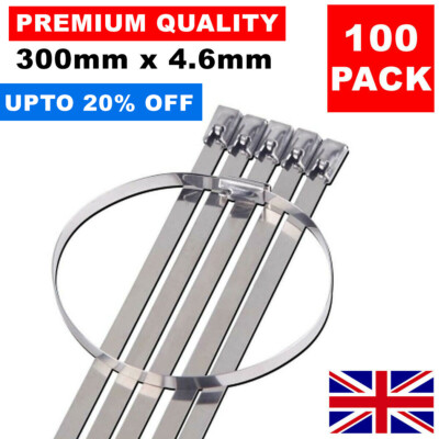 100 x 300 MM X 4,6 MM EDELSTAHL METALL KABELBINDER WRAP HITZE AUSPUFF REISSVERSCHLUSS BINDER