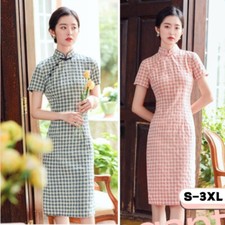 Chinese Traditional Cheongsam Dress Check Midi Qipao Oriental Gown Slit