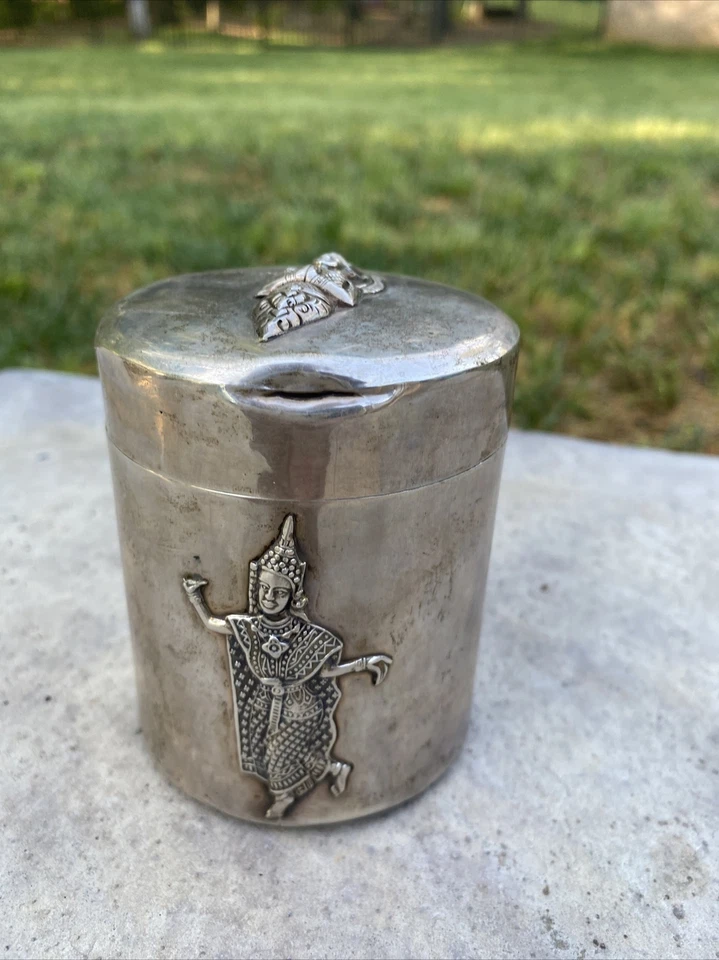 Сиамская чайная коробочка с круглой крышкой из чистого серебра / коробка для безделушек - Изображение 2 из 4