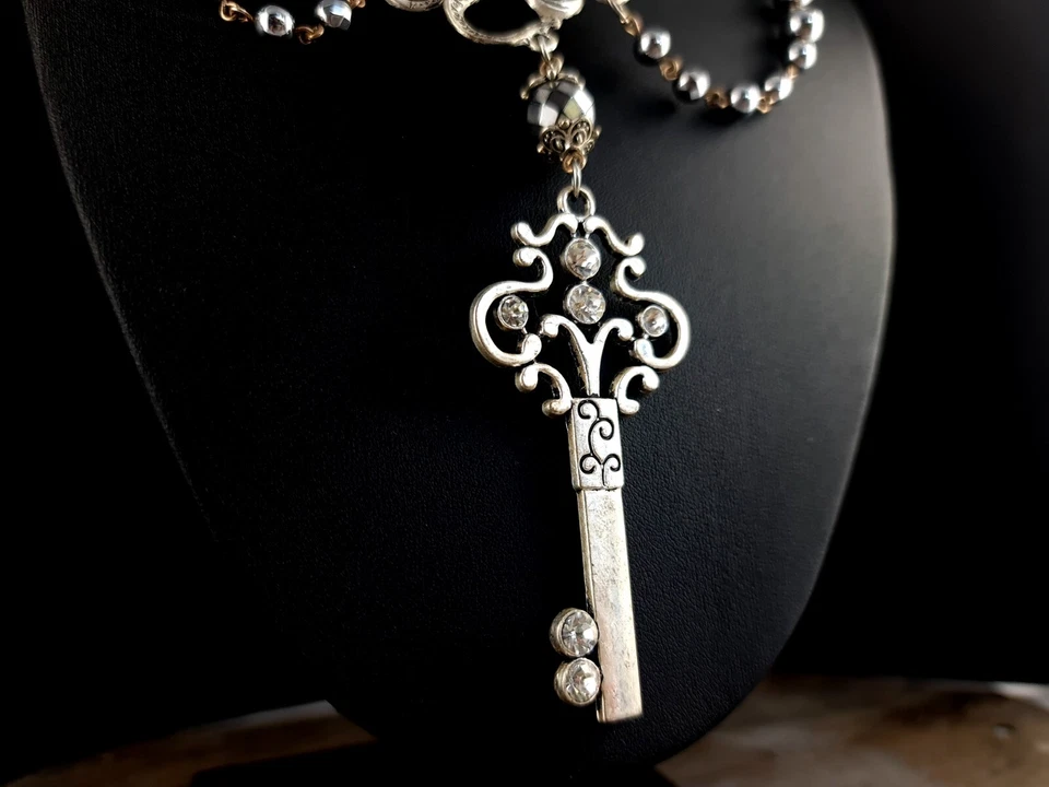 Kette Silber Schlüssel XXL Kraken Oktopus Collier Hämatit Gothic Fantasy - Bild 2 von 4