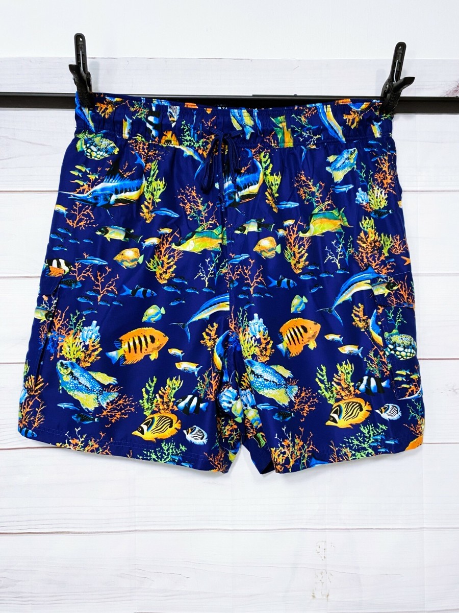 KS Island Mens Swim Shorts Sz 4XL Big Blue Fish Print Elastic Waist  w/Drawstring