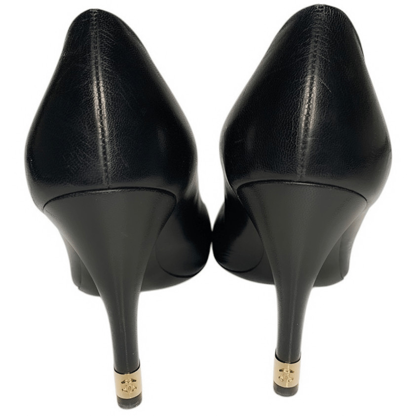 Chanel Interlocking CC Logo Black Leather Pumps EU 37 US 6-6.5 Pearl High Heels thumbnail 10