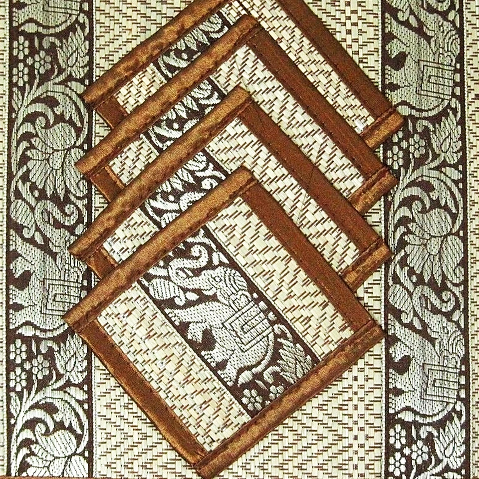 Thai Coasters Placemats Mat Dining Silk Reed Elephant Table Brown Color Set 4  - Image 4 of 4