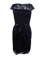Adrianna Papell Women's Cap-Sleeve Illusion Lace Sheath Dress (8, Black)