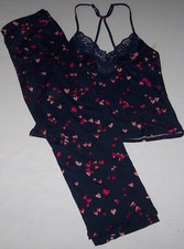 NWT In Bloom by Jonquil Navy/PINK HEARTS Cropped Knit Pajama Set XL LACE Trim