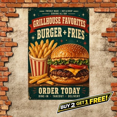Red Ribbon Headline Typography Vintage Burger Fries Metal Tin Sign