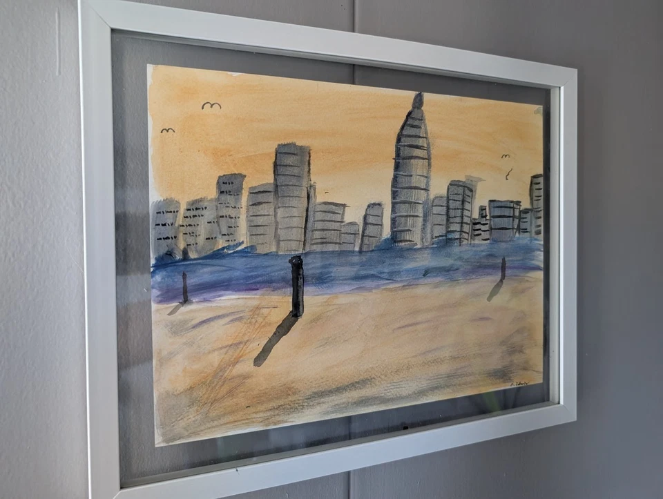 Pintura original em cor água horizonte da cidade Nova York no rio Hudson - Imagem 3 de 4