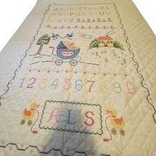 VTG 70s Cross-Stick Baby Quilt Toddler Crib WallHanging Blanket 55x38  Education