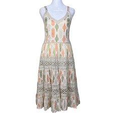 Me 2 Magic Anthropologie Boho Midi Dress Crochet Tiered Smocked Back Small Beige