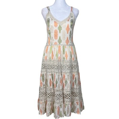 Me 2 Magic Anthropologie Boho Midi Dress Crochet Tiered Smocked Back Small Beige