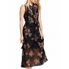 Who What Wear Black Pink Cherry Blossom Floral Print Tiered Ruffle Midi Dress