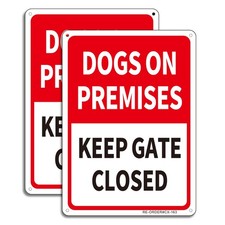 2 Pack Dogs On Premises Keep Gate Closed Sign, 10x7 Heavy Duty Aluminum Reflect