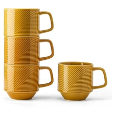 Stackable Coffee Mugs 13oz Ceramic 4PCS Mustard Yellow, Microwave Safe FAST SHIP