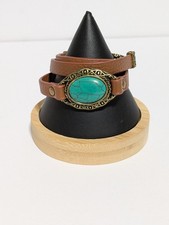 Brown Faux Leather Wrap Toggle Bracelet With Faux Turquoise 22". BOHO.