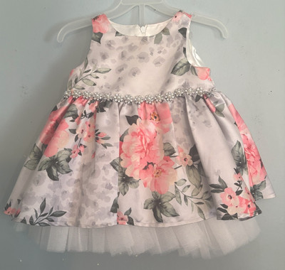 Couture Princess Girls Baby Dress Size 12M Floral Jeweled Waist Fit n Flare