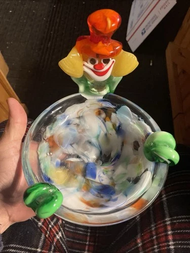 Murano Hand Blown Vintage Art Glass Clown Ashtray, Coins Trinket Dish. Pristine!