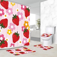 4PC Cute Strawberry Fruit Shower Curtain Set 60W by 72H Inch Girls Flower Y2K Pi