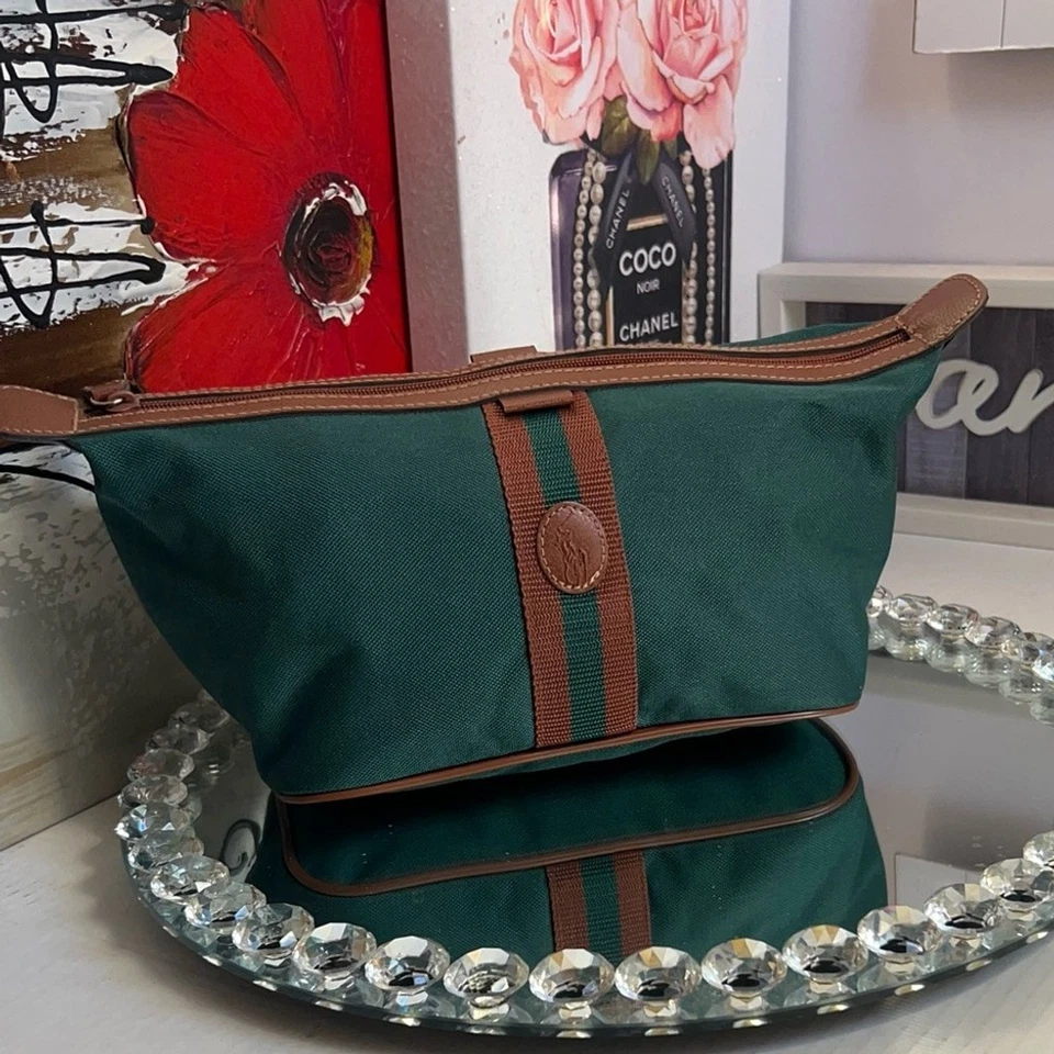 Bolso de aseo vintage Polo Ralph Lauren de lona verde y cuero marrón Foto 4 de 4