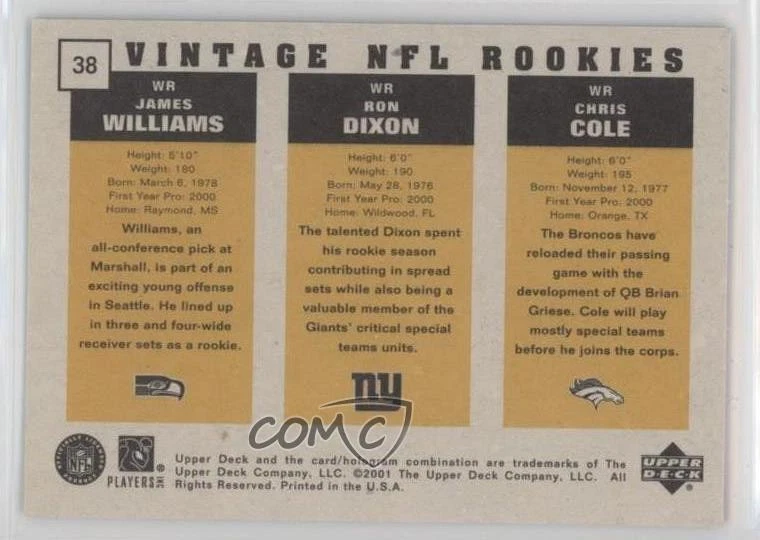 2000 Vintage Preview /1500 Chris Cole Ron Dixon James Williams #38 Rookie RC - Image 2 of 2