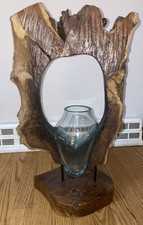 Molten Glass Sculptural Bowl / Plant Terrarium In Natural Wood Window Carving
