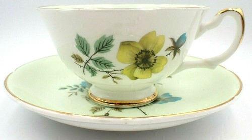 Vintage Royal Grafton China Teacup And Saucer Mint Green Blue and Yellow Floral - Picture 3 of 6