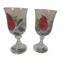 Set Of 2 Hand-Painted Cardinal Wine Glasses Goblets Festive Holly Design