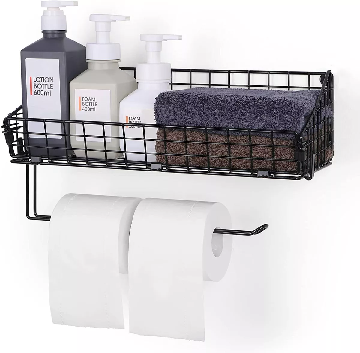 Wall Mount Paper Towel Holder with Basket Storage Organizer for
