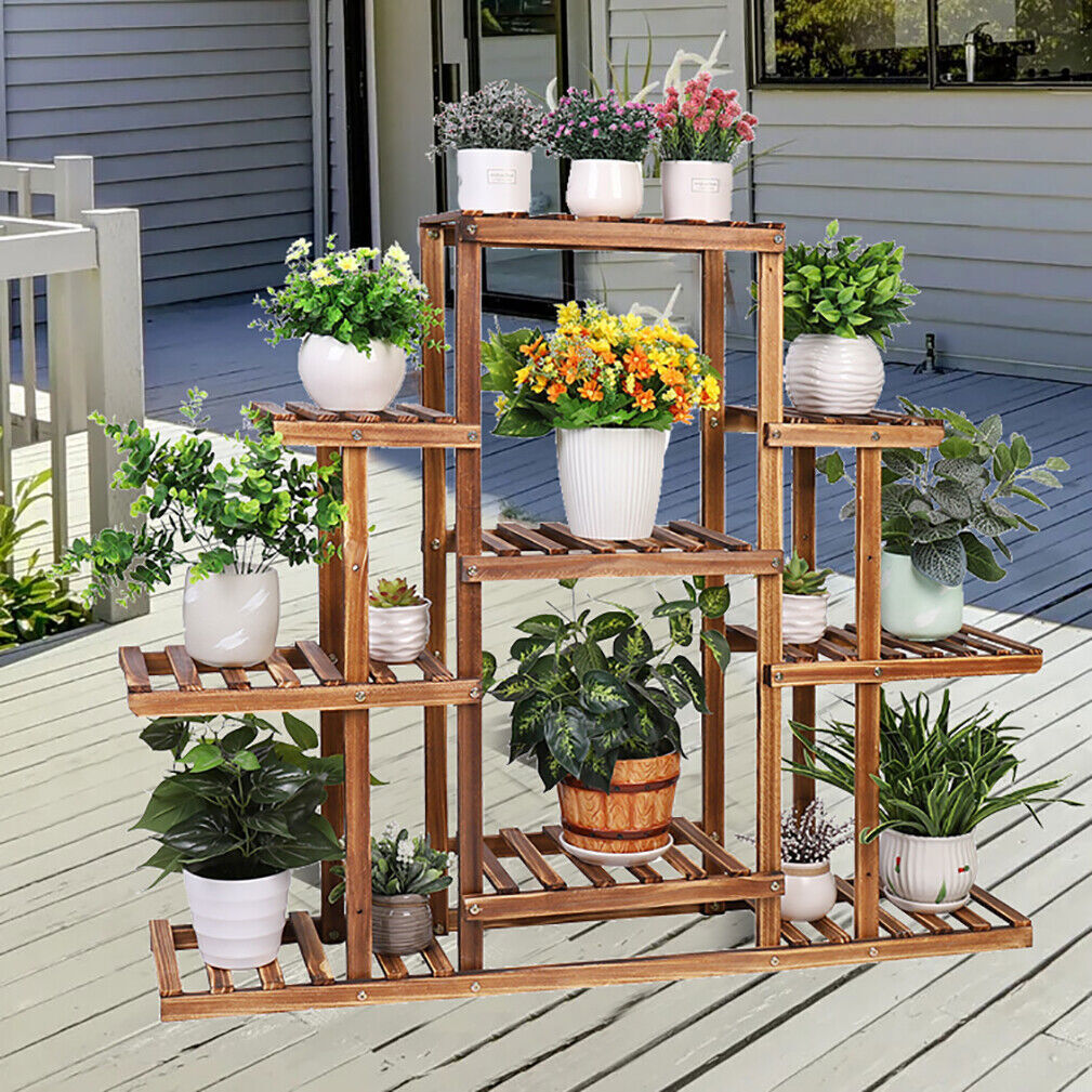 6 Layer Frame Wood Plant Stand Outdoor Garden Backyard Plant