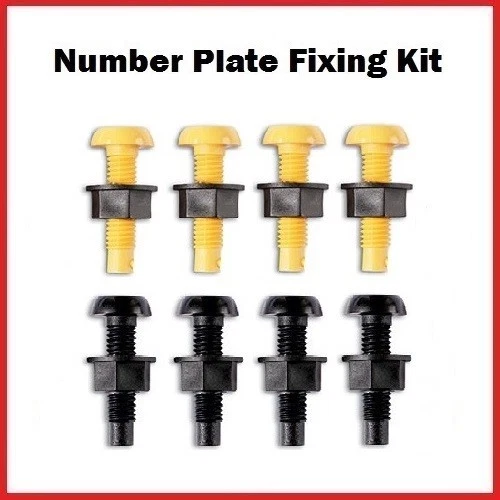 Yellow & Black Plastic Number Plate Screws Nuts Bolts Fixings Fittings Fixers x8