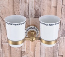 Antique Brass Bathroom Wall Mount Double Ceramic Cups Toothbrush Holder wba782
