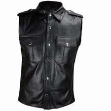Mens Police Uniform Style Real Black Shirt Genuine LEATHER Lamb