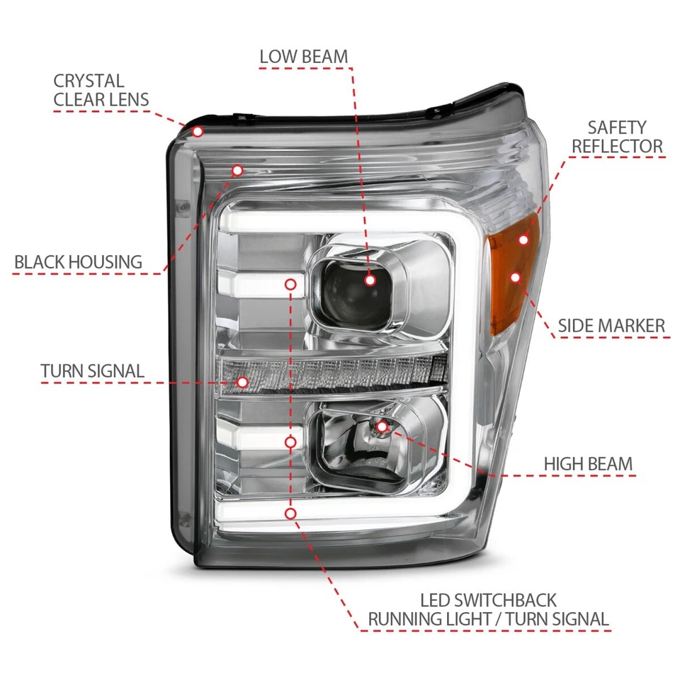 Anzo 111407 Headlight For Ford F-250 Super Duty 2011-2016 Left and Right Chrome - Изображение 4 из 4